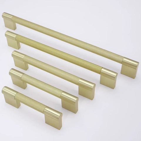 Boss Level Brushed Brass Cabinet Pulls Featuring A Knurled Grip Texture Premium Kitchen Drawer Handles With Damn Tough Corrosion Defense Solid 10 Pack set of five different sizes