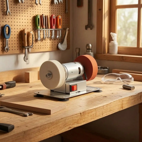 Pro Grade Dual Wheel Electric Bench Grinder on wooden workbench with polishing wheels and tools in background.