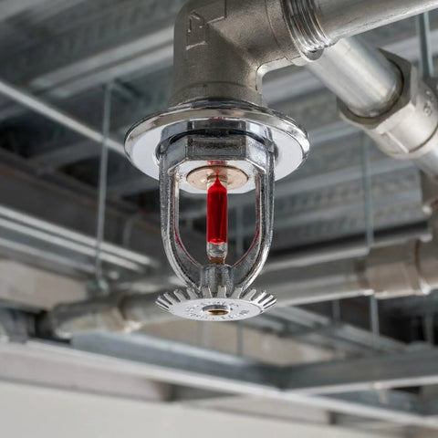 No Sweat Heavy Duty Fire Sprinkler Head 10 Pack Quick Response Activation At 155 Fahrenheit Water Spray Up One Half Inch Thread solid copper sprinkler installed on ceiling.