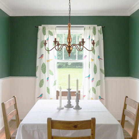 Dining room featuring Six Light Distressed White French Country Candle Chandelier With Cozy Vintage Vibe For Living Room Dining Room Bedroom 24 Inch Wide Rustic Ceiling Fixture, over table.