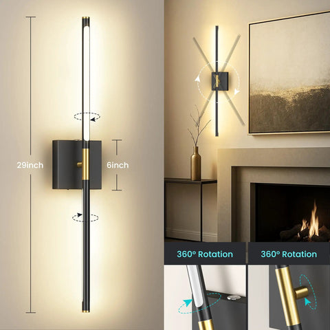 Super Slick 29 Inch Wall Sconces Set Of 2, Matte Black With Gold Accents, 10000 Mah Rechargeable Battery Wall Lights mounted, 360° rotation feature.