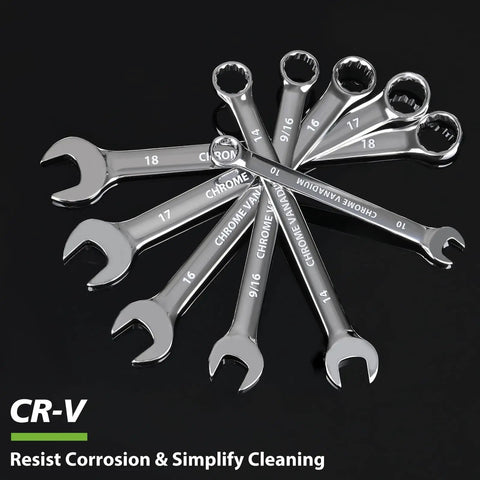 Set of chrome vanadium wrenches with various sizes including Half Inch Wrench With 15 Degree Offset And 12 Point Box End Industrial Grade Chrome Vanadium Steel Mirror Polished Finish Rustproof And Durable SAE Combination Tool For Heavy Duty Repairs
