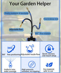 Infographic showing features of All In One Drip Irrigation Kit with 50 Ft Hose, 16 360 Degree Adjustable Mist Sprayers and flow settings.