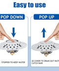 Universal Bathtub Stopper and Hair Catcher Kit for USA Standard Drains 1.6-2.0 Inch Hole showing pop-up and pop-down positions