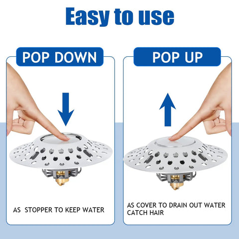 Universal Bathtub Stopper and Hair Catcher Kit for USA Standard Drains 1.6-2.0 Inch Hole showing pop-up and pop-down positions