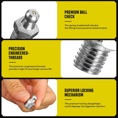 Close-up views of parts from the Grease Fittings Kit 110 Piece SAE Zerk Fittings Assortment with precision threads and ball check.