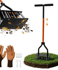 Heavy Duty Lawn Aerator Tool With Pro-Grade 15 Sharp Spikes For Deep Soil Loosening, gloves and forks included on grass