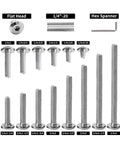 Front view of flat-head hex socket screws, 1/4-20, stainless steel, 30-pack with assorted lengths, bright finish