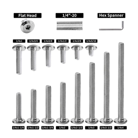 Front view of flat-head hex socket screws, 1/4-20, stainless steel, 30-pack with assorted lengths, bright finish