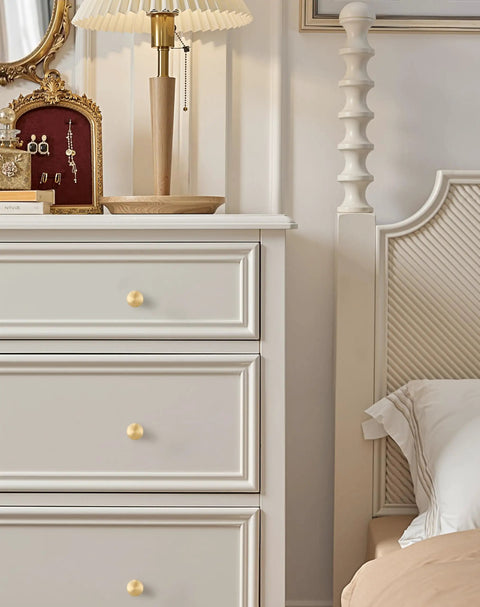 8 Pack Round Solid Brass Cabinet Knobs And Drawer Pulls Dope Gold Finish 1 Inch Diameter on white dresser in bedroom