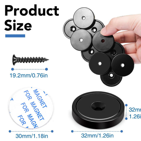 Heavy Duty Rare Earth Neodymium Cup Magnets With Adhesive Backing And Holes For Screws Wall Mount Magnetic Hold Up To 110 Lbs displayed with screw and dimensions