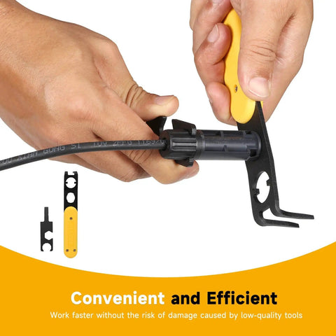 Hands using Universal MC4 Disconnect Tool 4in1 Solar PV Connector Wrench for Quick Secure MC4 PV4 H4 Installations