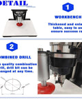 BEILOCKERY 110V 1100W hinge drilling and boring machine on workbench with red foot, close-up of drill chuck.