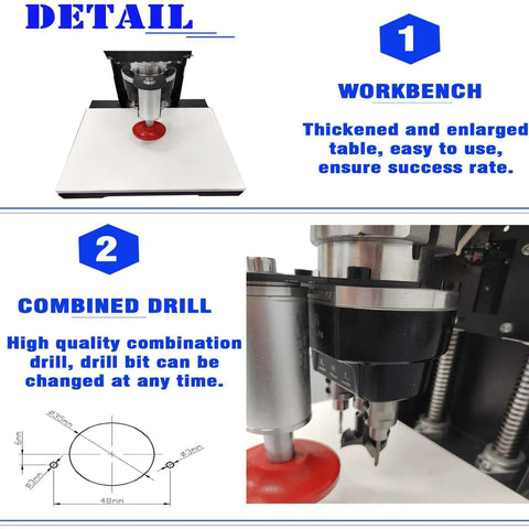 BEILOCKERY 110V 1100W hinge drilling and boring machine on workbench with red foot, close-up of drill chuck.