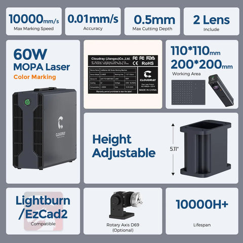 60W JPT MOPA Fiber Laser Engraver For Color Marking And Metal Engraving, High Speed 10,000 mm Per Second, Includes 2 F Theta Lenses