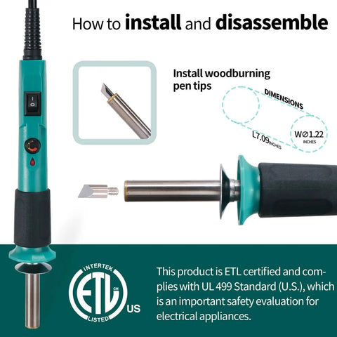 Diagram showing how to install and disassemble the 14 In 1 Wood Burning Kit With Adjustable Temperature Pen Heat Deflector Rubber Grip