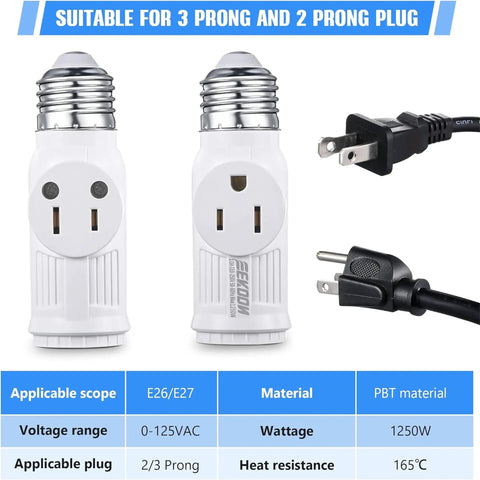 3 Pack E26 Light Socket To Plug Adapter 2-In-1 Converter Turns A Standard Lamp Socket Into Grounded 3-Prong Outlet While Keeping Bulb Socket Handy For Small Devices In Garage Porch And Utility Areas White