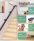 Installation steps for Rock Solid Wrought Iron Stair Railing Black Handrail, showcasing wall marking and screw mounting process.