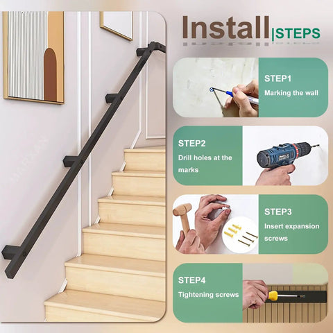 Install steps for Heavy Duty Black Wrought Iron Stair Railing With Tough As Nails Build And Slick Non Slip Grip.