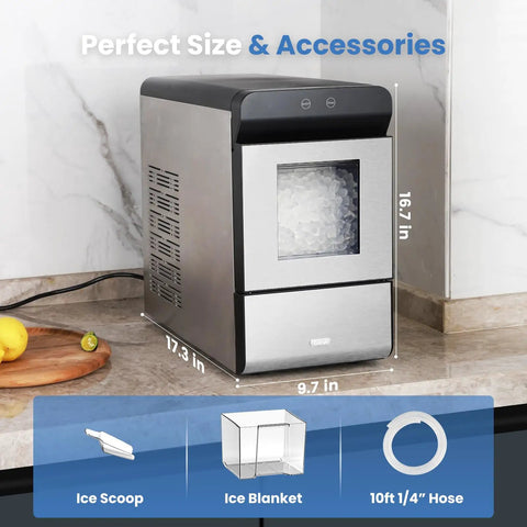 Countertop Nugget Ice Maker Featuring Clear Viewing Window In Silver Finish on a kitchen countertop with accessories.