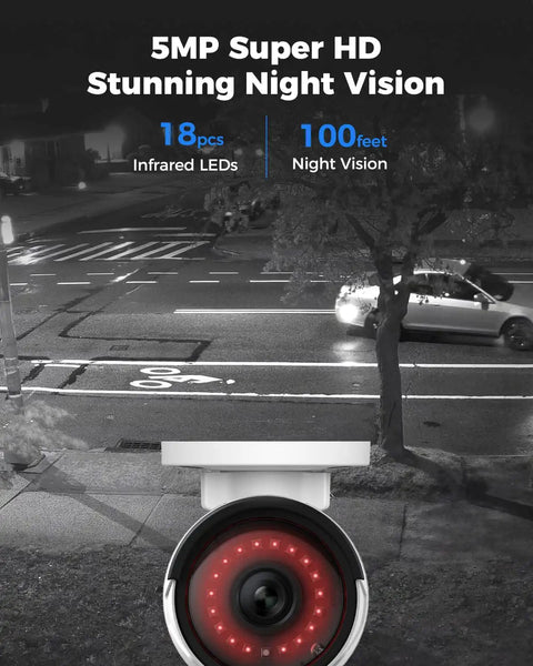 5MP camera with infrared LEDs showcasing night vision; part of 8 Channel 5MP Security Camera System With 4 Wired PoE Cameras For Outdoor Home Surveillance, Smart Person Pet And Vehicle Detection, 4K NVR Kit With 2TB HDD For 24 Seven Recording, White