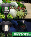 Day and night view of Low Voltage Outdoor Lights Set Modern Vintage Path Stake Lights in garden with lush greenery