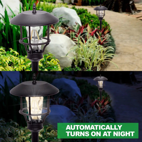 Day and night view of Low Voltage Outdoor Lights Set Modern Vintage Path Stake Lights in garden with lush greenery