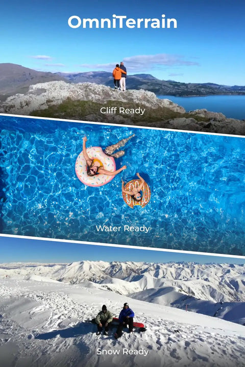 Lit 8K Action Flying Camera Drone With Foldable Design OmniTerrain Stability for cliffs, water, and snow in use.