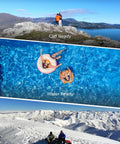 Collage of 4K Foldable Action Camera Drone With SmoothCapture 2.0 showing cliff, water, and snow terrains.