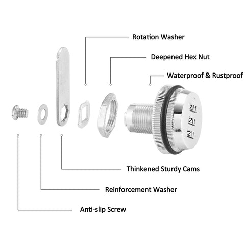 Exploded view of Combo Cam Lock Security Locks Set Of Two With Three Digit Password Code components, silver zinc alloy parts labeled.