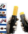 Pro Grade Natural Rubber Sandpaper Cleaning Stick held in hand showing stainless steel tip for sanding belts and discs