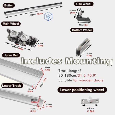 Components of Concealed Sliding Door Hardware Kit With Soft Close Mechanism And Hidden Rails, Trackless Design With Aluminum Alloy Rails