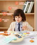 Totally Kid Approved Wooden Number Blocks And Soft Felt Hand Puppets Paired With Double Sided Math Flashcards For Super Fun Preschool Addition Learning, child using wooden math board.