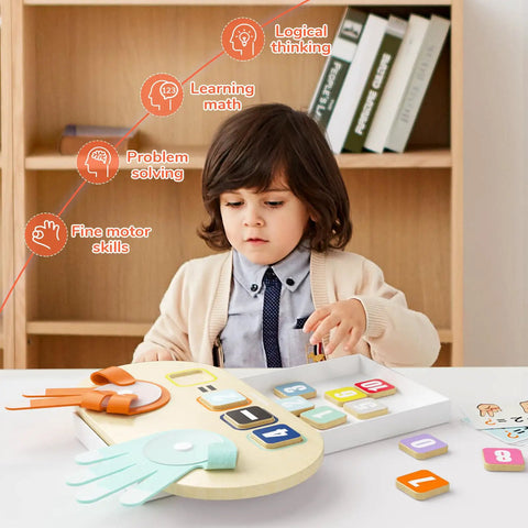 Totally Kid Approved Wooden Number Blocks And Soft Felt Hand Puppets Paired With Double Sided Math Flashcards For Super Fun Preschool Addition Learning, child using wooden math board.