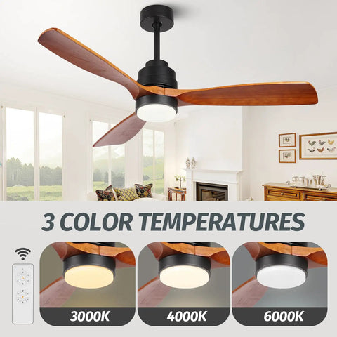 Wood Ceiling Fan With Light Energy Saving 52 Inch DC Motor Ultra Quiet 3 Blades 6 Speeds Indoor Outdoor Ceiling Fan for living room