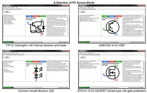 DCA75 Pro Semiconductor Tester screen showing TIP121, G4BC20U, Bicolour LED, and BTS141 diagnostic diagrams.