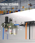 Industrial setup featuring Built To Last Heavy Duty Aluminum Air Manifold One Quarter Inch NPT Inline Output For Air Compressor.