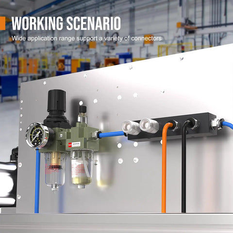 Industrial setup featuring Built To Last Heavy Duty Aluminum Air Manifold One Quarter Inch NPT Inline Output For Air Compressor.
