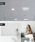Dead Simple Six By Six Inch Drywall Access Panel Crafted From Bully Proof White Powder Coated Steel With Lockable Hardware in ceiling and wall views.