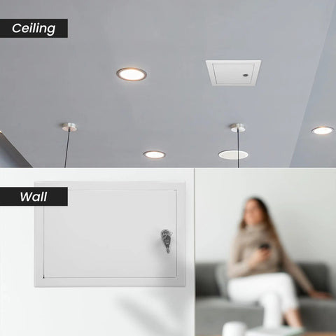 Dead Simple Six By Six Inch Drywall Access Panel Crafted From Bully Proof White Powder Coated Steel With Lockable Hardware in ceiling and wall views.