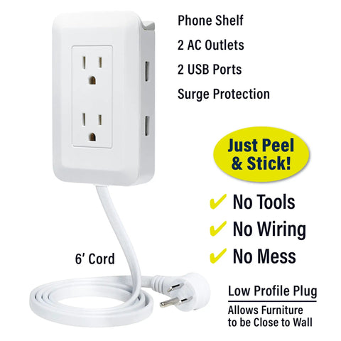 Presto Plug Outlet Extender For Reaching Hidden Outlets With A 6 Foot Cord Peel And Stick On Wall No Wiring No Tools Surge Protected