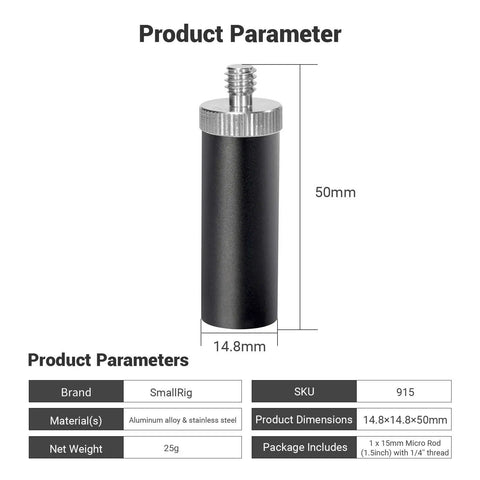 Straight Up Solid 15mm Micro Rod For Camera Rigs, 1.5 Inch Durable Aluminum Mounting Bar with dimensions 14.8x50mm.