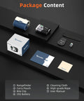 Golf Rangefinder With Slope, 800 Yards Range, in box with manual, pouch, battery, and accessories.