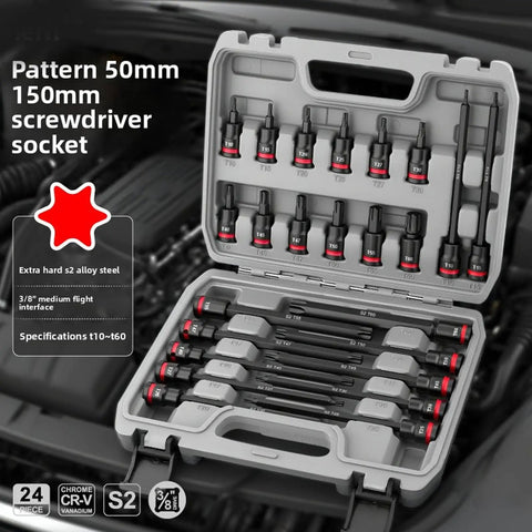 Dope 24 Piece Impact Socket Set With Star Bits T10 To T60 For Heavy Duty Car Repairs And Machine Work Plus Crv Steel Deep Sockets In Blow Mold Case, 24-piece S2 alloy steel torx socket set in case