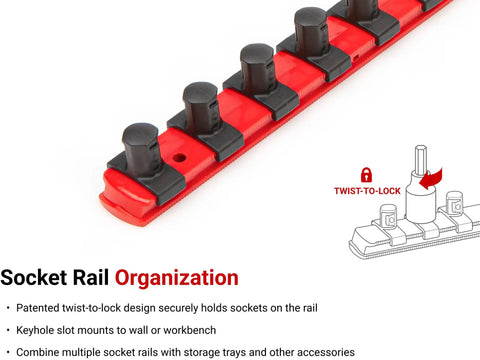 One Half Inch Drive Hex Socket Set With Rail Fourteen Piece Six To Nineteen Millimeter S2 Steel Bits showing socket rail close-up