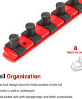 Red socket rail with patented twist-to-lock design, part of the Half Inch Drive Hex Bit Socket Set With Case, 24-Piece Kit.