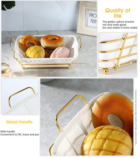 Gold Wire Serving Basket For Fruit And Bread with linen lining containing assorted buns