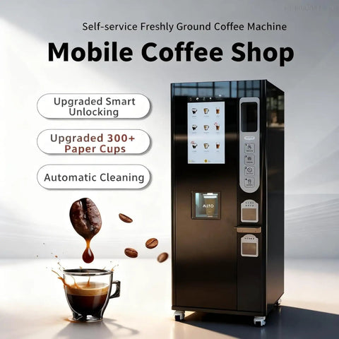 Bean To Cup Vending Machine With Touchscreen Fully Automatic Freshly Ground Coffee 24 Seven Self Serve For Office Mall Or Hospital Cashless Payment Energy Efficient Hot And Cold Dual Mode with mobile coffee shop features.