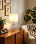 Gold Table Lamps Set Of 2 Dope End Table Lamps With White Fabric Shades on wooden cabinet in cozy living room