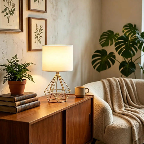Gold Table Lamps Set Of 2 Dope End Table Lamps With White Fabric Shades on wooden cabinet in cozy living room